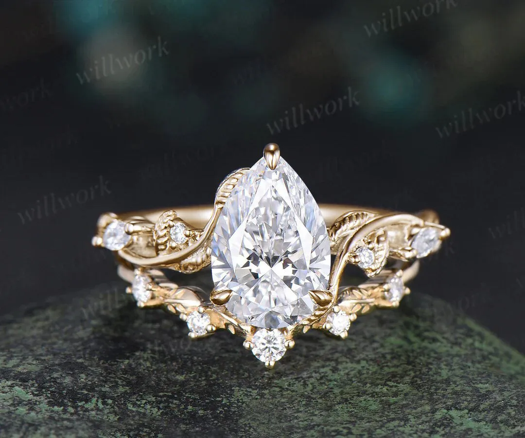 7x10mm pear cut IGI lab grown diamond engagement ring set nature inspired leaves vines ring rose gold bridal set sold by Willwork Jewelry product image thumbnail 5