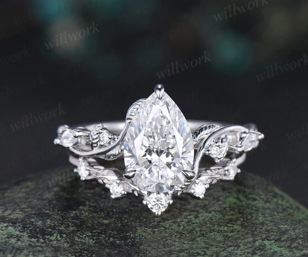 7x10mm pear cut IGI lab grown diamond engagement ring set nature inspired leaves vines ring rose gold bridal set sold by Willwork Jewelry product image thumbnail 4