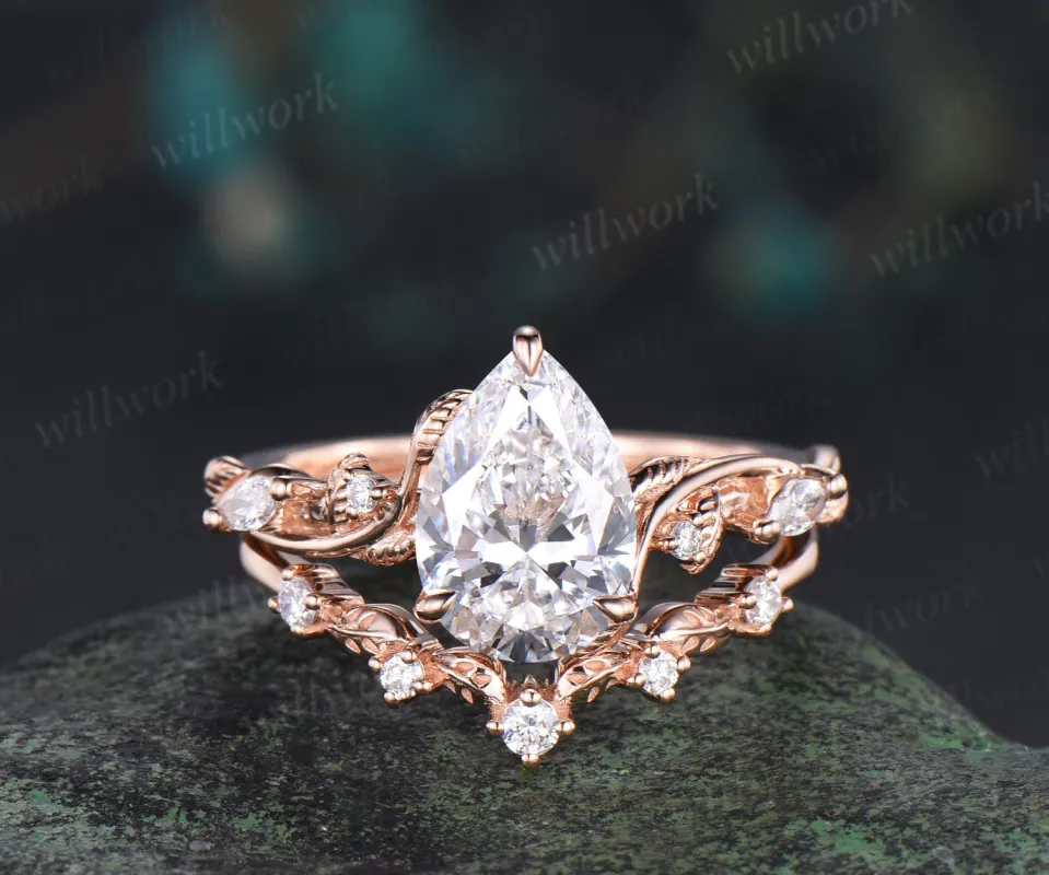 7x10mm pear cut IGI lab grown diamond engagement ring set nature inspired leaves vines ring rose gold bridal set sold by Willwork Jewelry