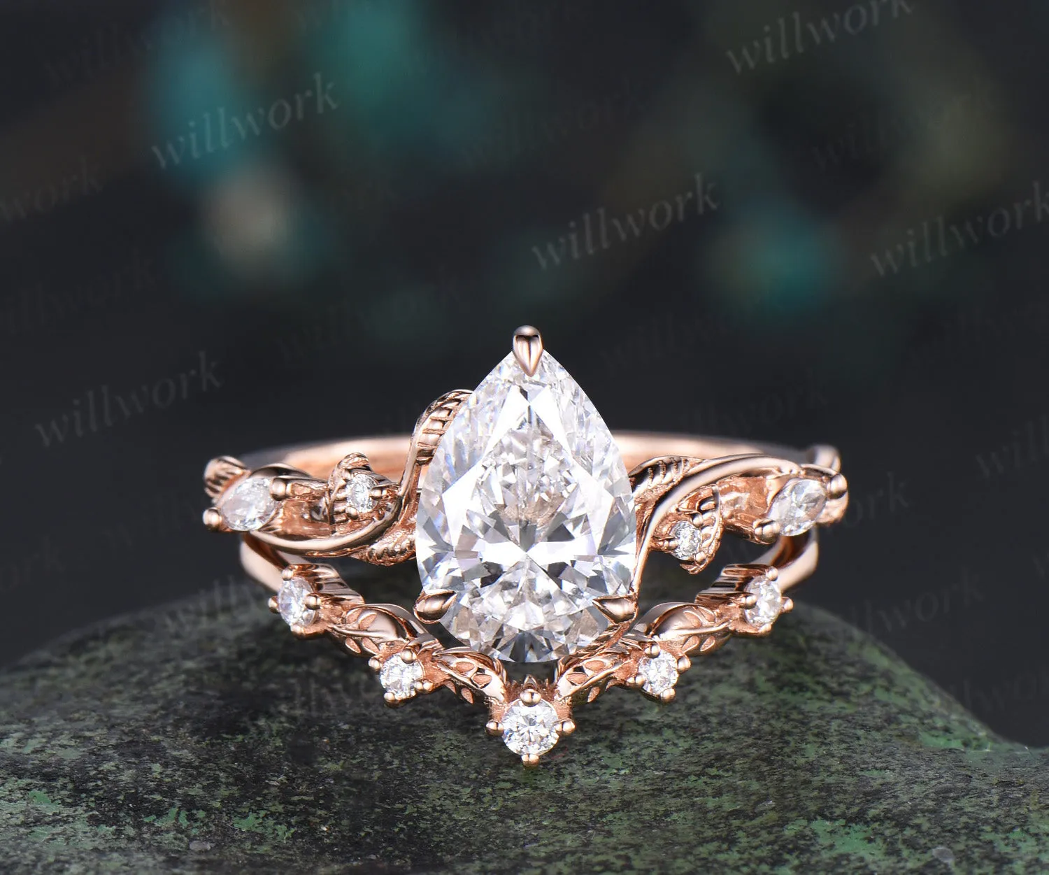 7x10mm pear cut IGI lab grown diamond engagement ring set nature inspired leaves vines ring rose gold bridal set sold by Willwork Jewelry