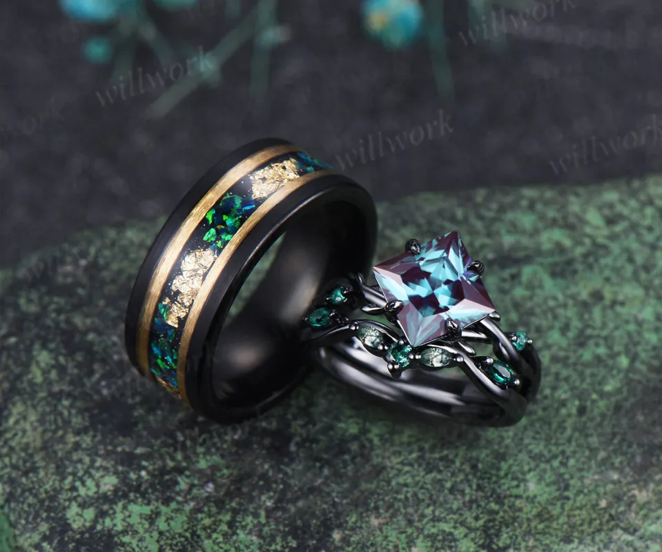Vintage Princess Cut Alexandrite Twig Leaf Ring Set& Tungsten Black Opals Gold Flakes Men Band Couple Ring Set sold by Willwork Jewelry