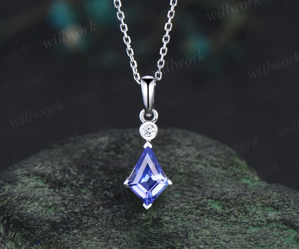 Minimalist kite cut tanzanite necklace solid sterling silver/white gold art deco diamond pendant necklace anniversary birthday gifts made by Willwork Jewelry