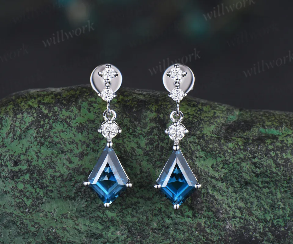 Kite cut natural London blue topaz earrings solid white gold diamond drop earrings antique anniversary birthday wedding gift for her made by Willwork Jewelry