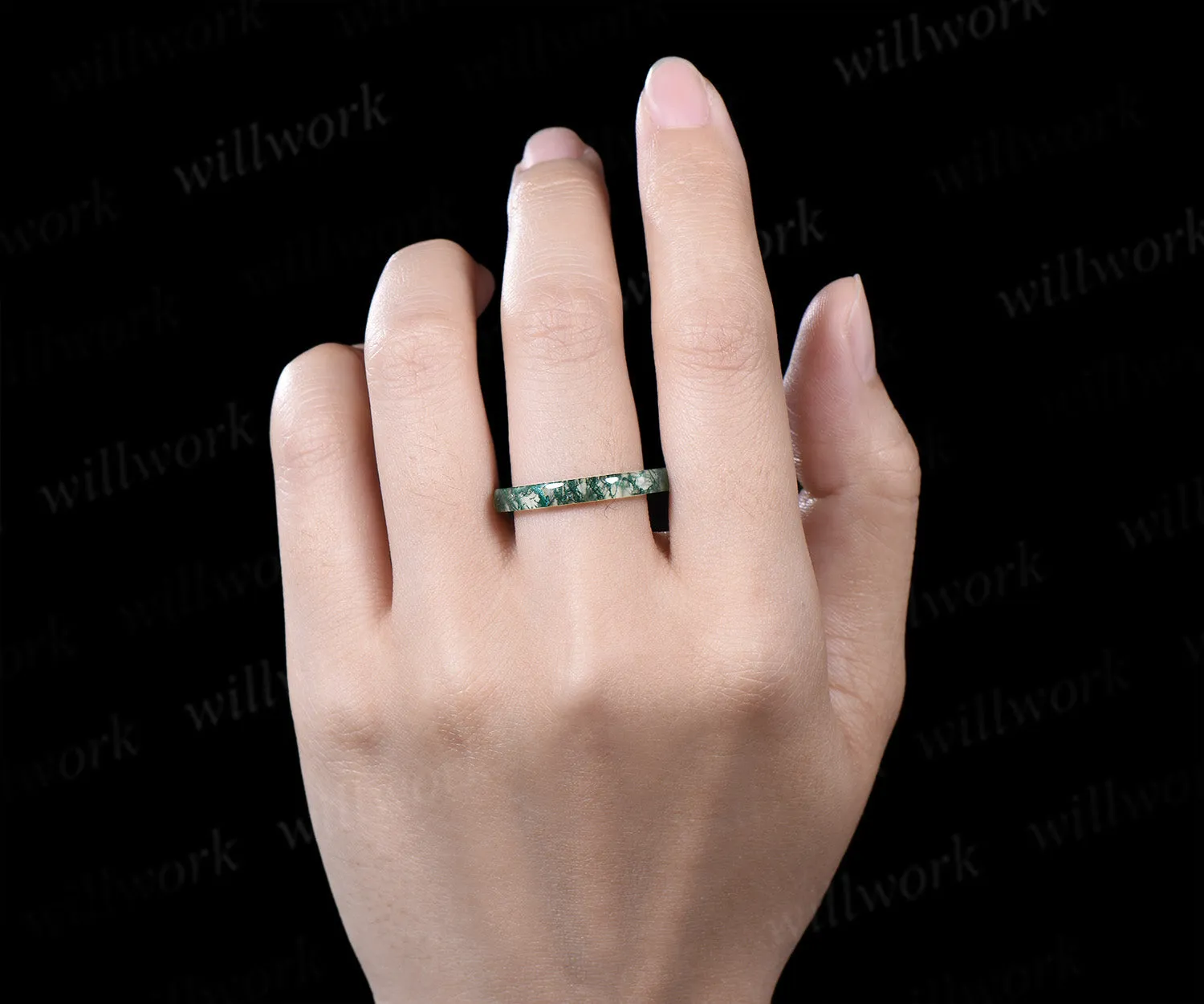 Natural moss agate full eternity band solitaire minimalist men band rough stone ring anniversary birthday gifts for him sold by Willwork Jewelry product image thumbnail 2