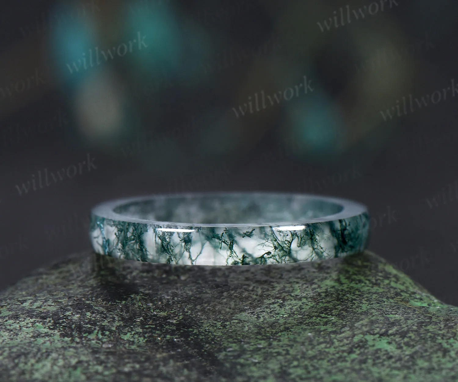 Natural moss agate full eternity band solitaire minimalist men band rough stone ring anniversary birthday gifts for him sold by Willwork Jewelry