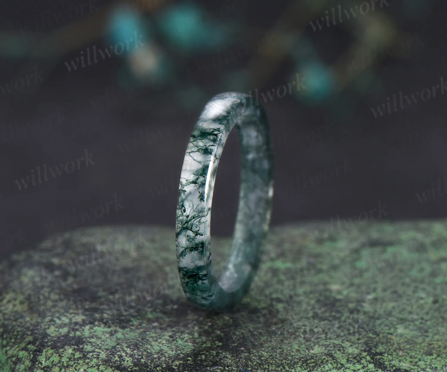 Natural moss agate full eternity band solitaire minimalist men band rough stone ring anniversary birthday gifts for him sold by Willwork Jewelry product image thumbnail 3