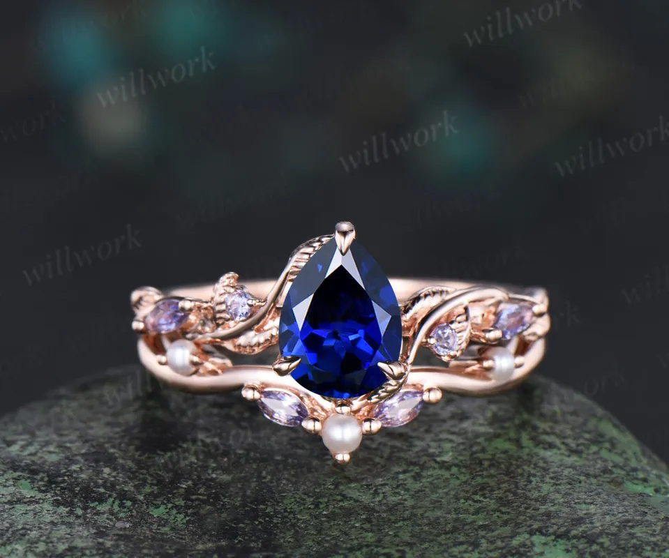 Retro pear cut sapphire ring set nature inspired leaf vine tanzanite ring curved pearl band unique brial set promise rings sold by Willwork Jewelry