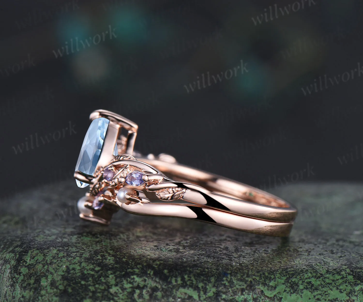 Pear cut aquamarine ring set twig leaf vine tanzanite ring curved pearl band solid 14k rose gold bridal set March birthstone Gifts sold by Willwork Jewelry product image thumbnail 3