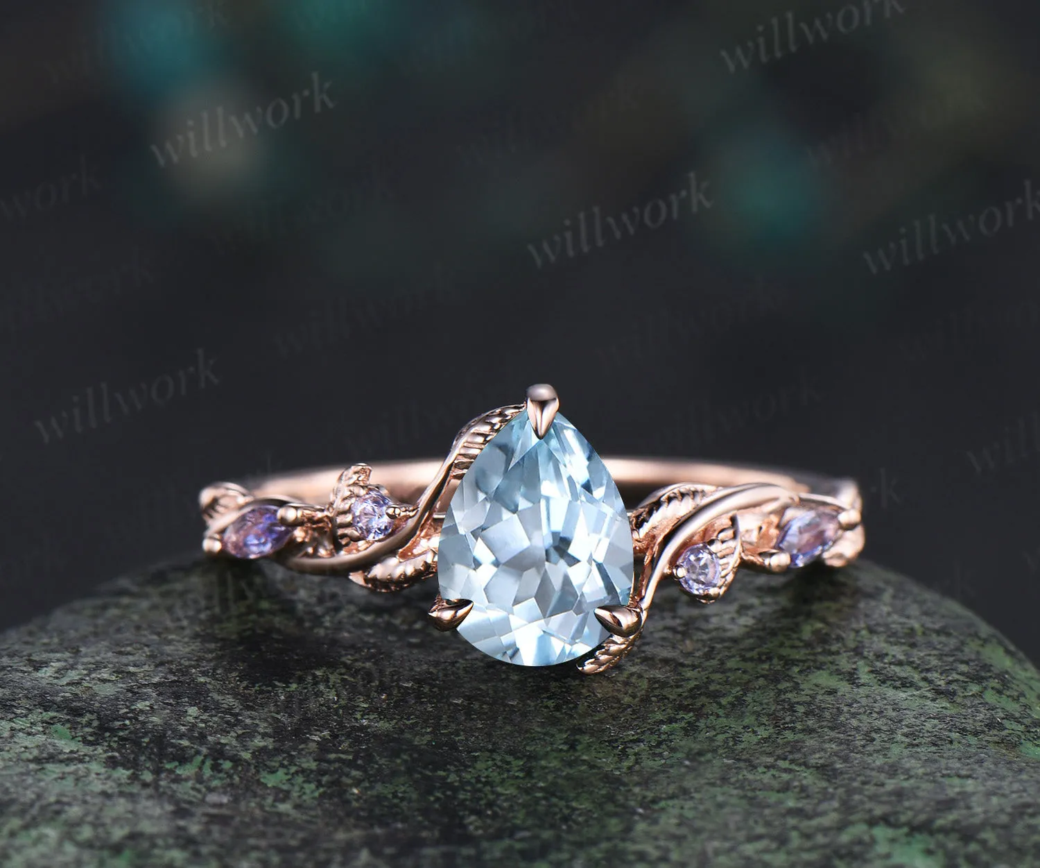 Pear cut aquamarine ring set twig leaf vine tanzanite ring curved pearl band solid 14k rose gold bridal set March birthstone Gifts sold by Willwork Jewelry product image thumbnail 5