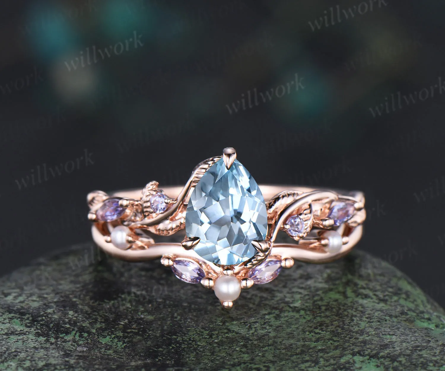 Pear cut aquamarine ring set twig leaf vine tanzanite ring curved pearl band solid 14k rose gold bridal set March birthstone Gifts sold by Willwork Jewelry