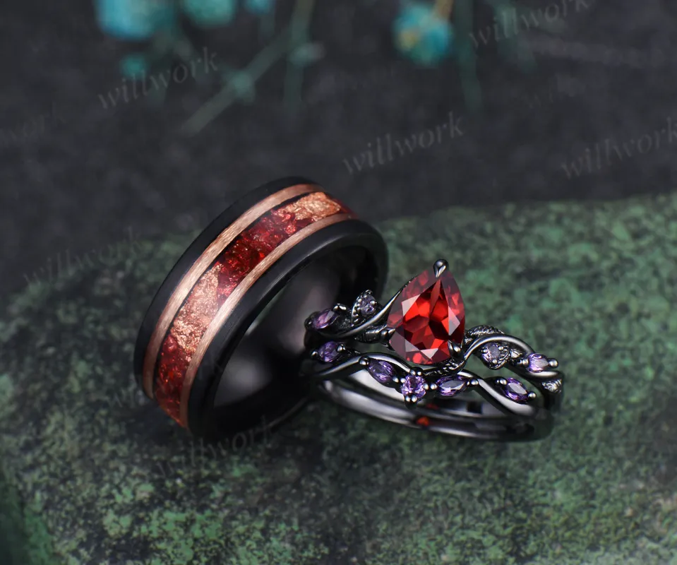 Nature Inspired Leaf twig Pear Garnet Ring Set & Tungsten Garnets Gold Flakes Men Band Couple Ring Set sold by Willwork Jewelry