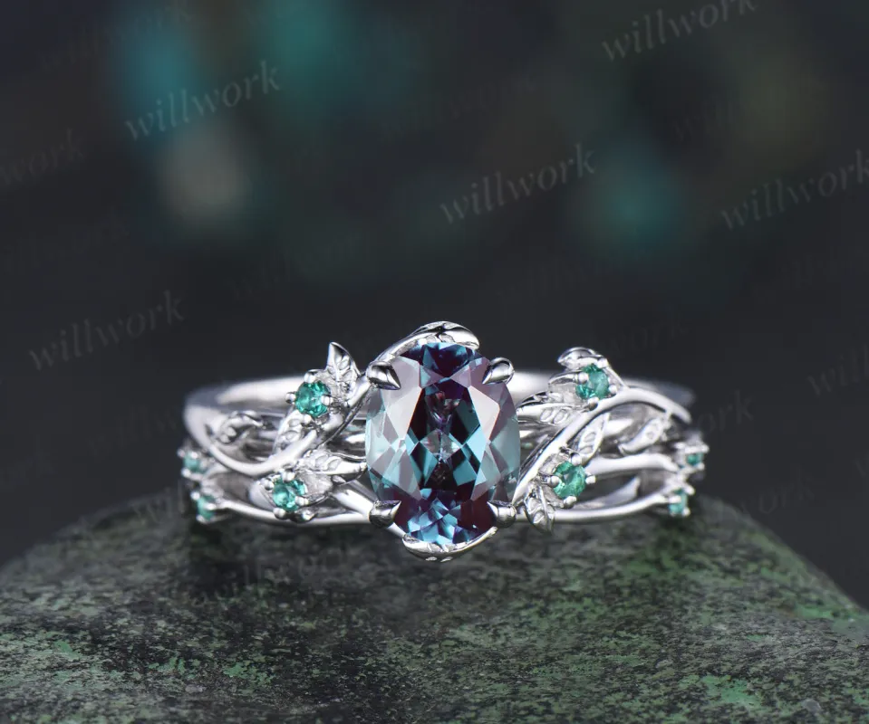 6x8mm oval cut alexandrite engagement ring set nature inspired 14k white gold twig leaf ring art deco emerald wedding band bridal set jewelry gifts sold by Willwork Jewelry