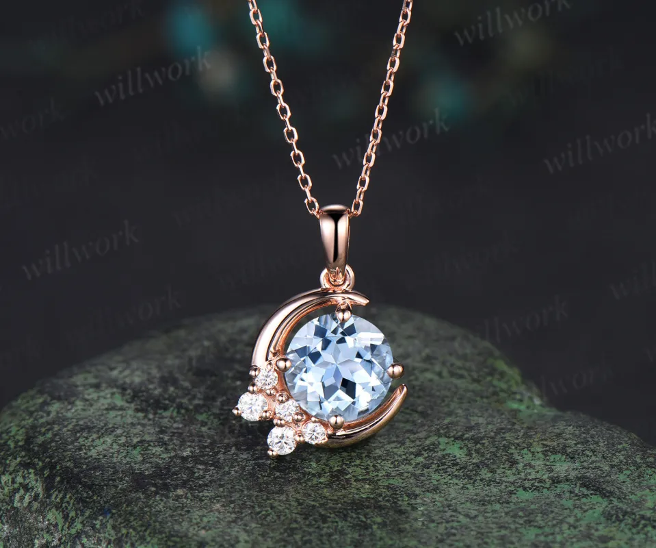 Vintage round natural aquamarine necklace solid rose gold cluster moon snowdrift diamond pendant women March birthstone gifts made by Willwork Jewelry