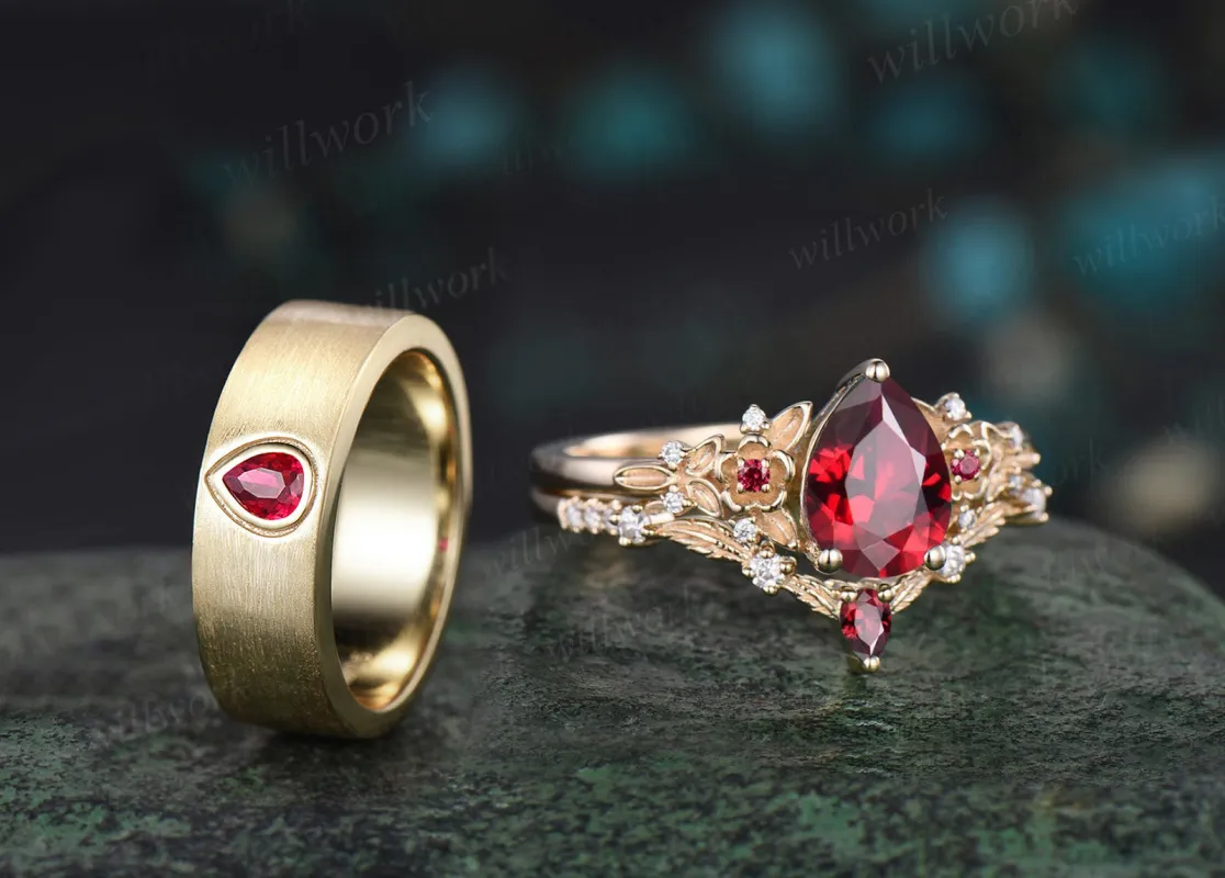 Pear Cut Ruby Floral Leaf Engagement Ring Set & Solitaire Ruby Brushed Men Wedding Band Passionate Ruby Couple Ring Set sold by Willwork Jewelry