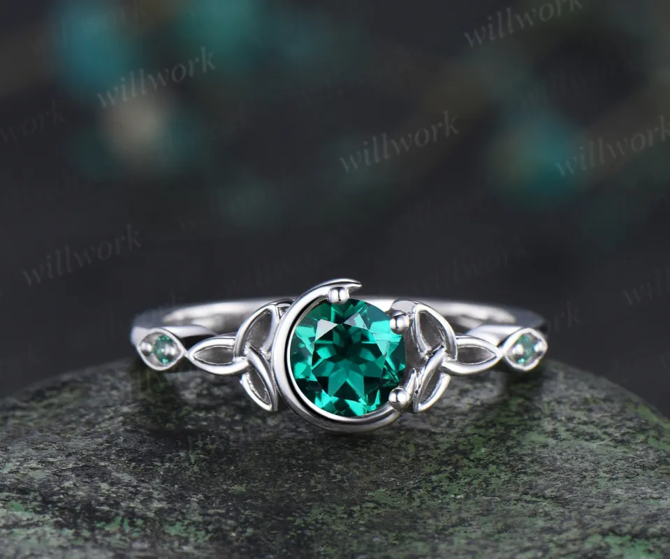 Unique moon emerald ring art deco round cut emerald celtic knot engagement ring May birthstone wedding anniversary gifts sold by Willwork Jewelry