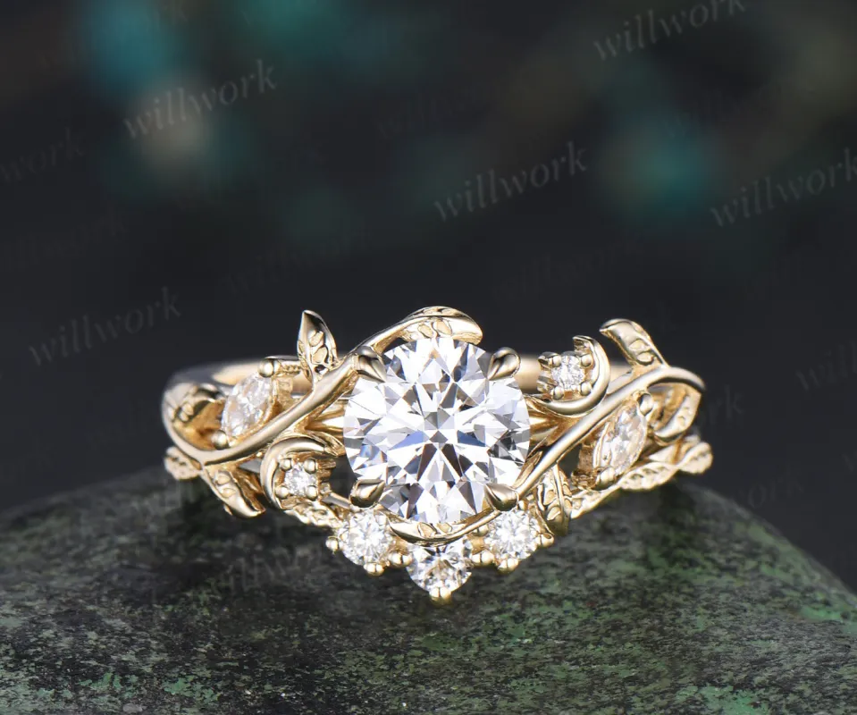 1ct round cut IGI lab grown diamond engagement ring set unique moon leaves vines ring solid yellow gold bridal set sold by Willwork Jewelry