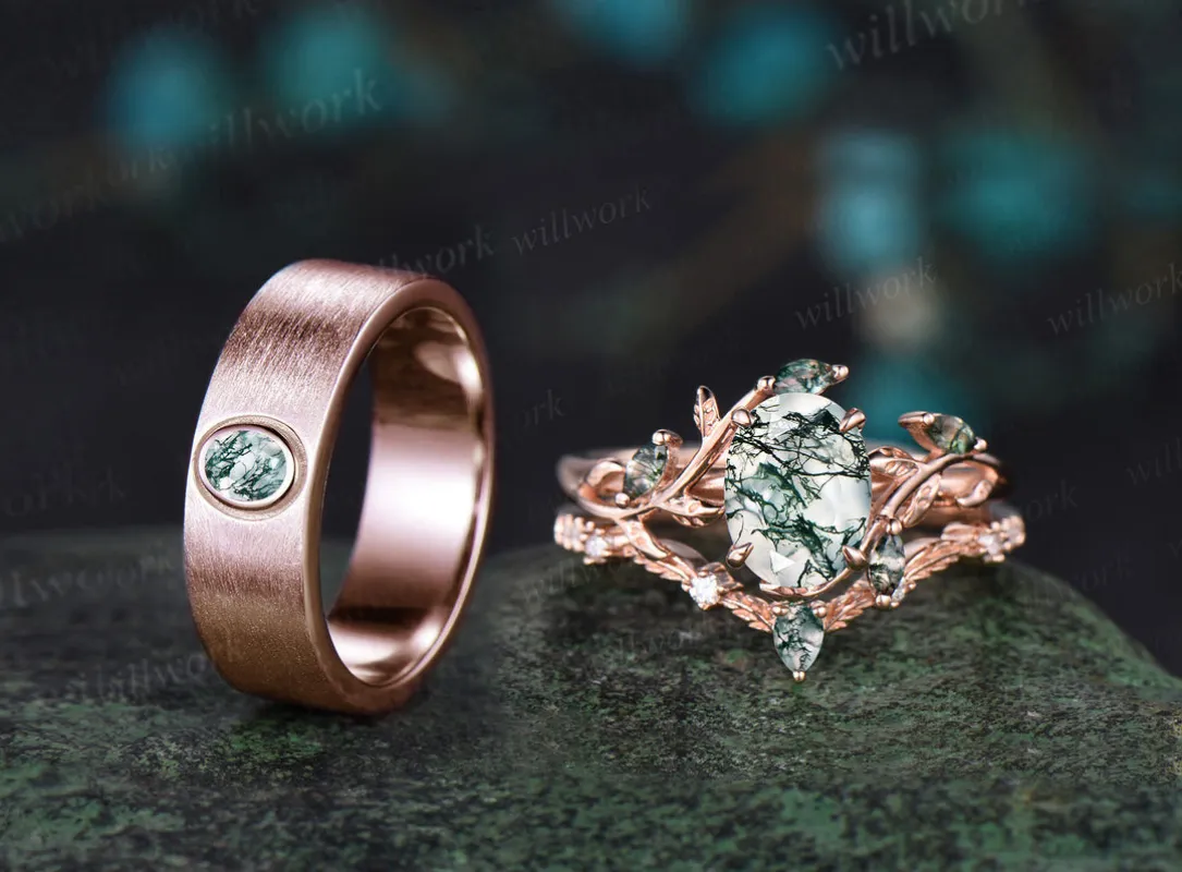 Nature Inspired Oval Cut Moss Agate Engagement Ring Set & Solitaire Moss Agate Brushed Men Wedding Band Unique Couple Ring Set sold by Willwork Jewelry