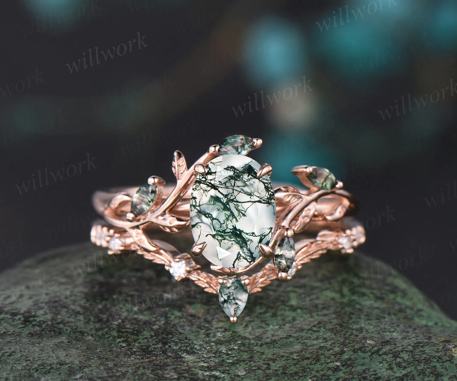 Nature Inspired Oval Cut Moss Agate Engagement Ring Set & Solitaire Moss Agate Brushed Men Wedding Band Unique Couple Ring Set sold by Willwork Jewelry product image thumbnail 3