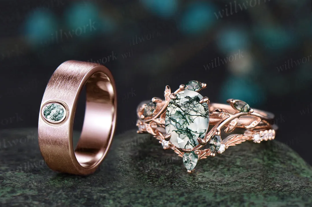 Nature Inspired Oval Cut Moss Agate Engagement Ring Set & Solitaire Moss Agate Brushed Men Wedding Band Unique Couple Ring Set sold by Willwork Jewelry product image thumbnail 2