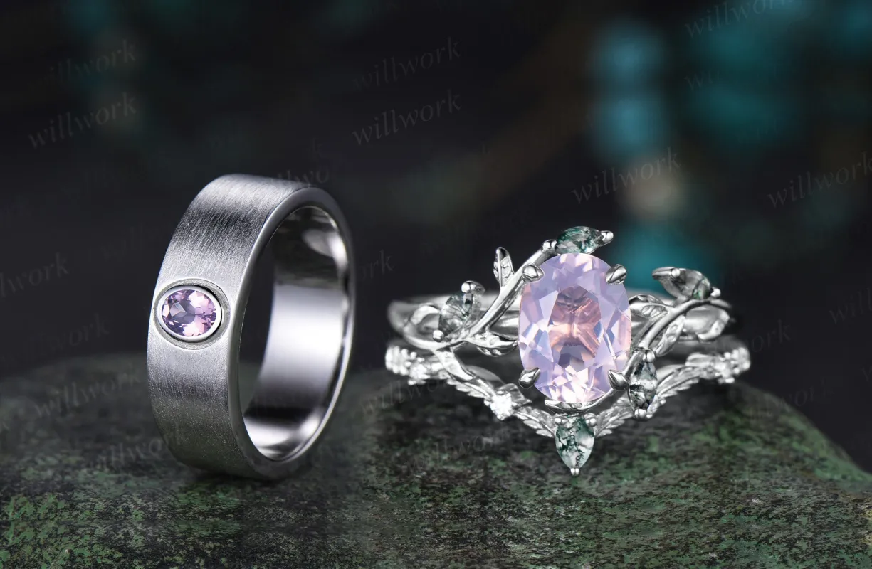 Vintage Oval Cut Lavender Amethyst Twig Vines Engagement Ring Set & Brushed Finish Lavender Amethyst Men Wedding Band Elegant Couple Ring Set Gifts sold by Willwork Jewelry