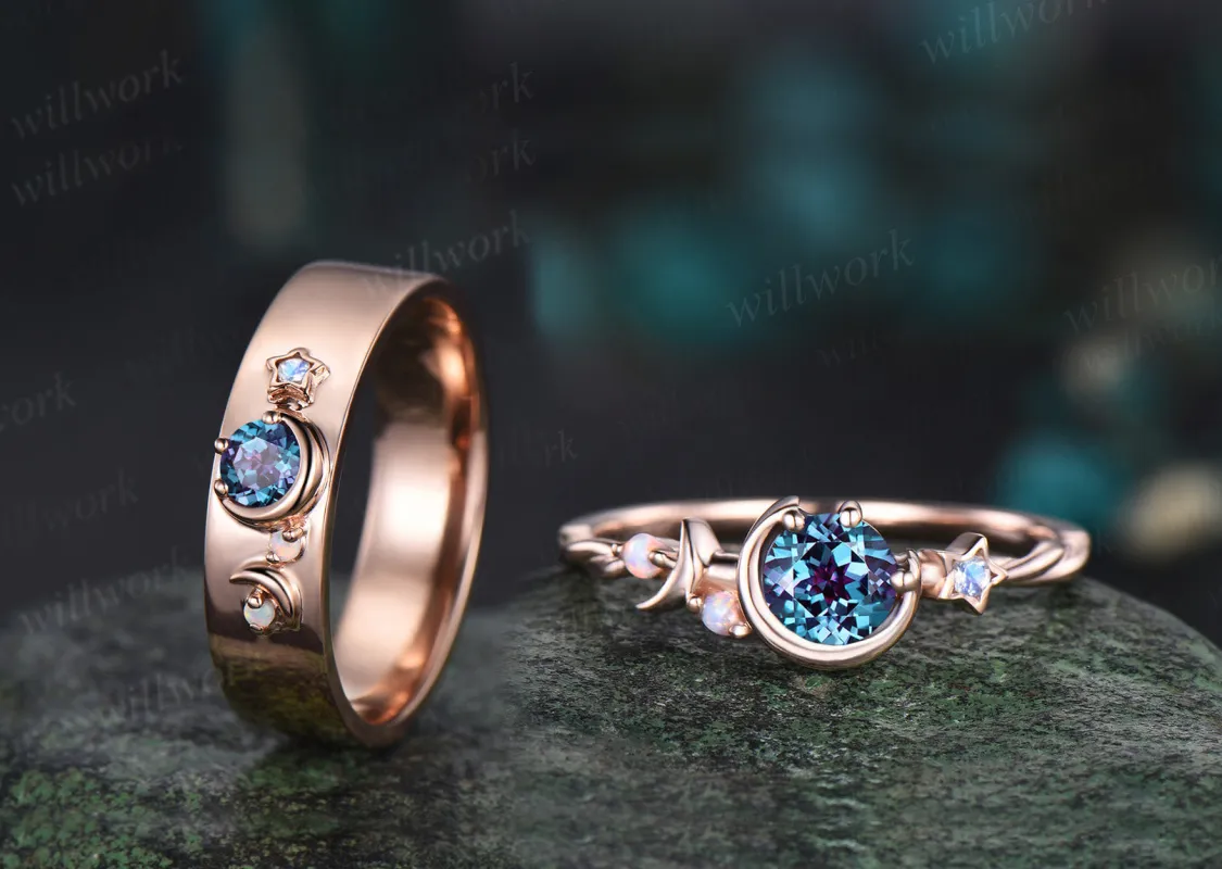 Round Cut Alexandrite Art Deco Moon Star Twisted Engagement Ring Moonstone Opal Accents & Matching Alexandrite Moon Star Men Wedding Ring Unique Couple Ring Set sold by Willwork Jewelry