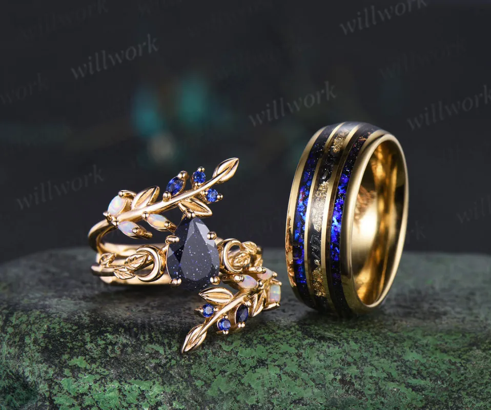 Nature Inspired Pear Galaxy Blue Sandstone Leaf Ring Set & Tungsten Galaxy Nebula Men Blue Sandstone Band Couple Ring Set sold by Willwork Jewelry