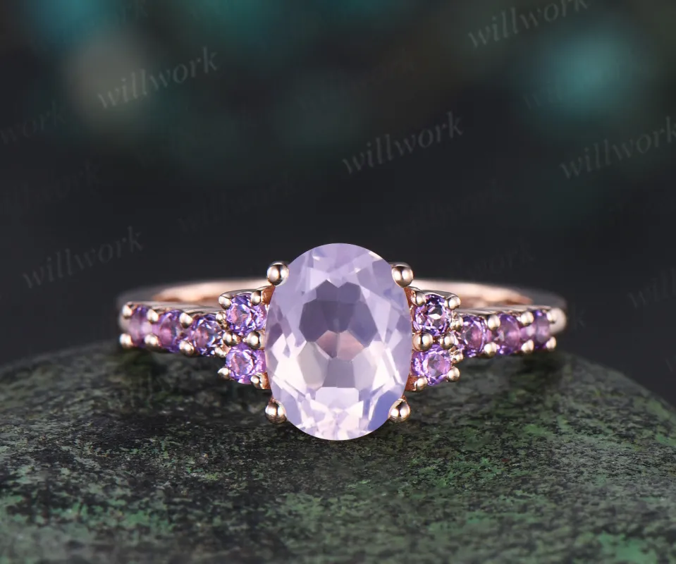 Oval cut lavender amethyst ring vintage rose gold round amethyst cluster engagement ring 4 prongs wedding ring for women promise anniversary ring sold by Willwork Jewelry