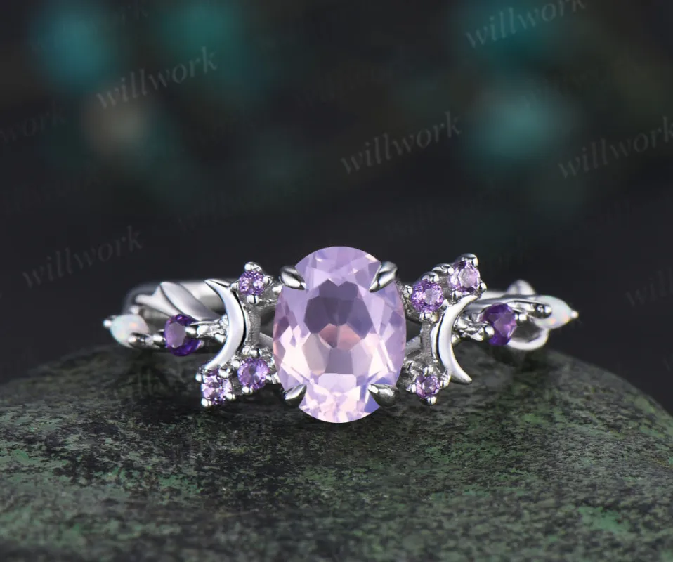 Oval lavender amethyst engagement ring vintage amethyst moon promise ring amethyst opal branch cluster wedding ring gift for women sold by Willwork Jewelry
