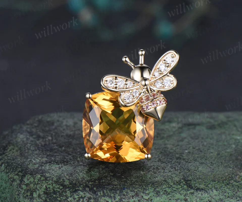 Cushion citrine bumblebee brooch pave moissanites pink tourmalines lapel pins cute bee brooch jewelry gifts for women sold by Willwork Jewelry