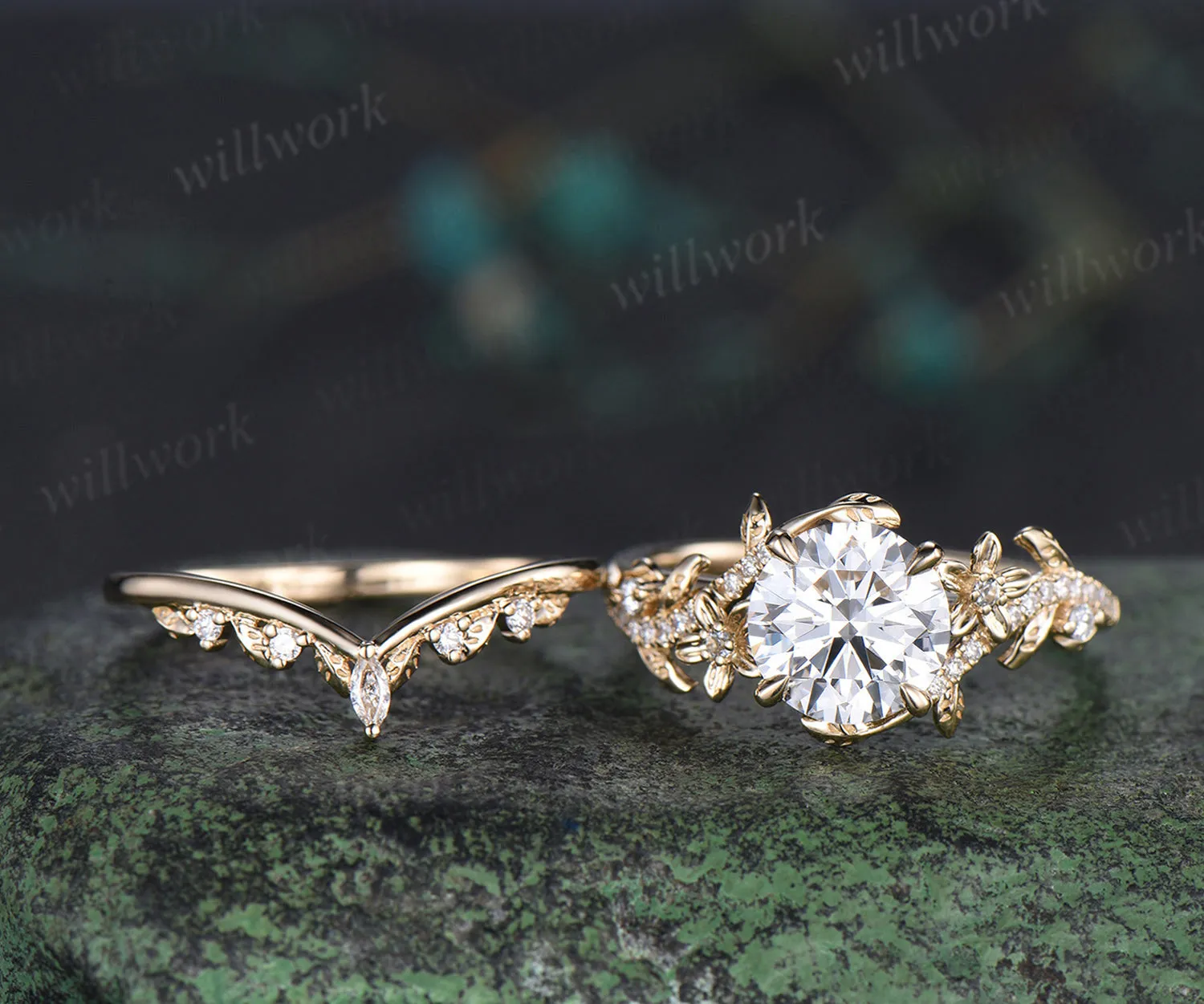 8mm round IGI Certified Diamond Lab grown diamond ring set 14k yellow gold flower engagement ring curved wedding band nature vines bridal set sold by Willwork Jewelry product image thumbnail 4