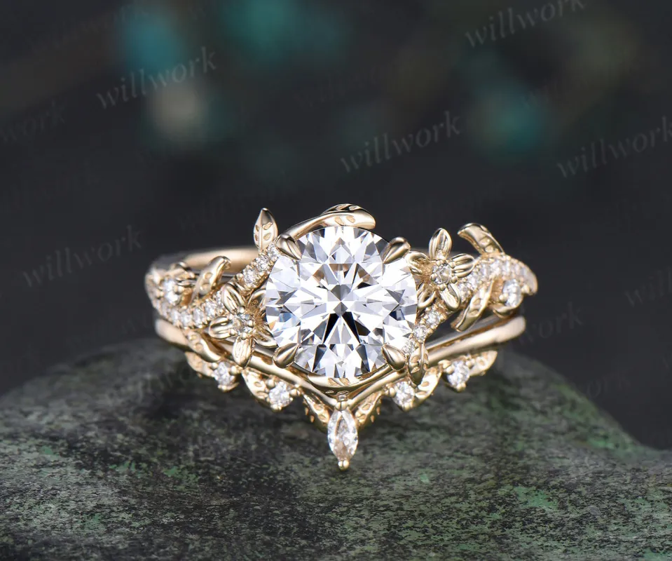 8mm round IGI Certified Diamond Lab grown diamond ring set 14k yellow gold flower engagement ring curved wedding band nature vines bridal set sold by Willwork Jewelry