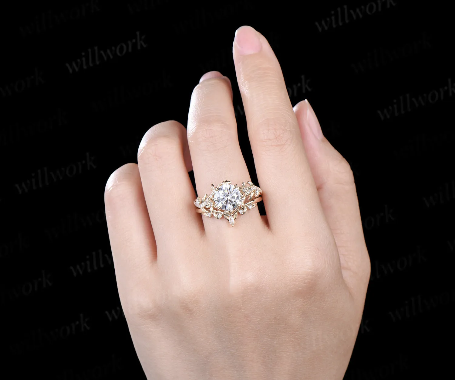 8mm round IGI Certified Diamond Lab grown diamond ring set 14k yellow gold flower engagement ring curved wedding band nature vines bridal set sold by Willwork Jewelry product image thumbnail 2