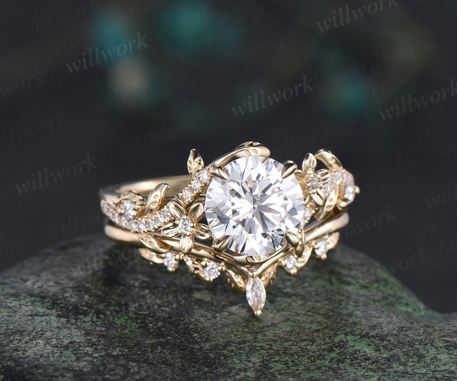 8mm round IGI Certified Diamond Lab grown diamond ring set 14k yellow gold flower engagement ring curved wedding band nature vines bridal set sold by Willwork Jewelry product image thumbnail 5