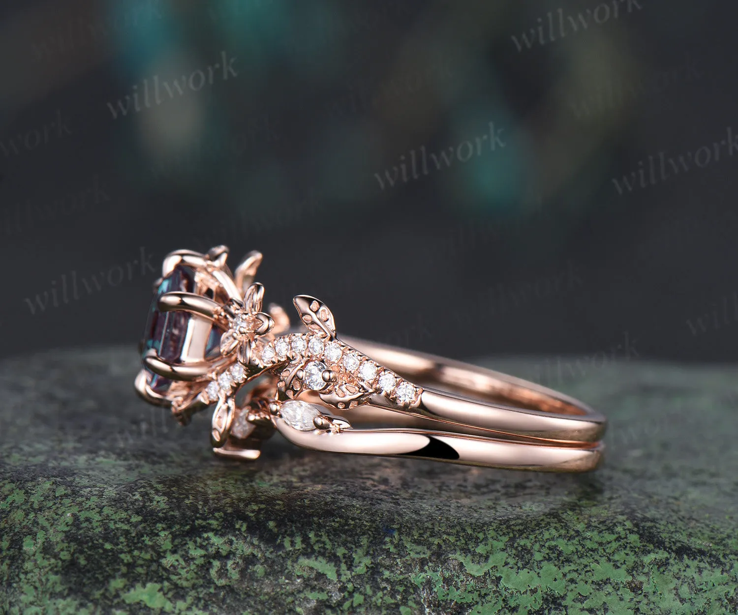 Hexagon alexandrite engagement ring set 6 prongs flowers twig leaf ring curved diamond matching band nature inspired bridal set sold by Willwork Jewelry product image thumbnail 5