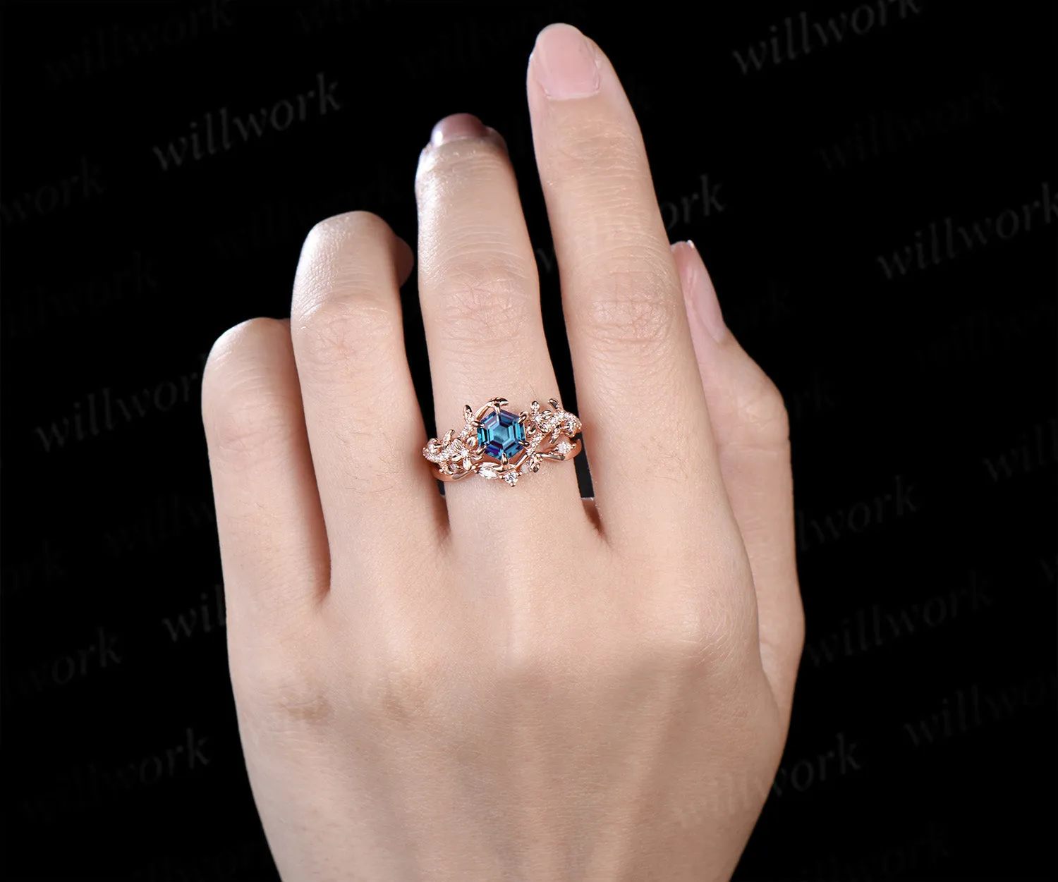Hexagon alexandrite engagement ring set 6 prongs flowers twig leaf ring curved diamond matching band nature inspired bridal set sold by Willwork Jewelry product image thumbnail 2