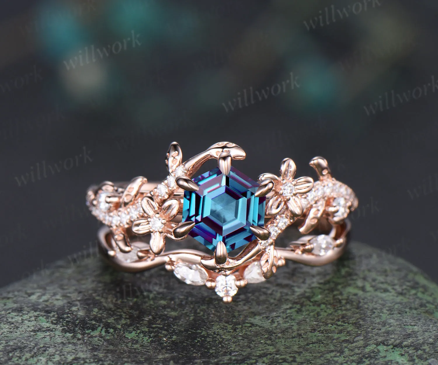 Hexagon alexandrite engagement ring set 6 prongs flowers twig leaf ring curved diamond matching band nature inspired bridal set sold by Willwork Jewelry