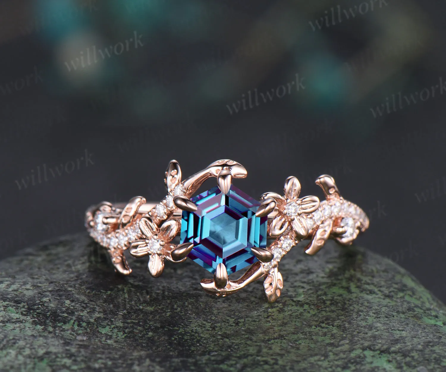 Hexagon alexandrite engagement ring set 6 prongs flowers twig leaf ring curved diamond matching band nature inspired bridal set sold by Willwork Jewelry product image thumbnail 4