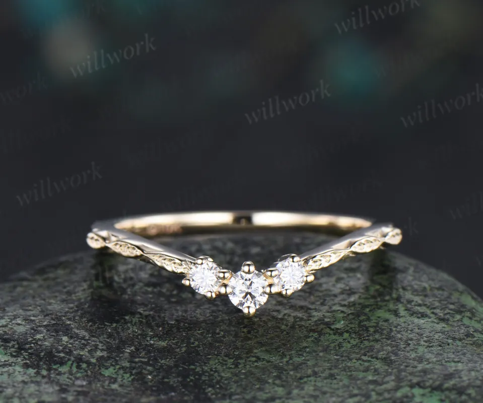 Minimalist curved diamonds wedding band leaf band enhancer unique stackable ring bridal gifts made by Willwork Jewelry