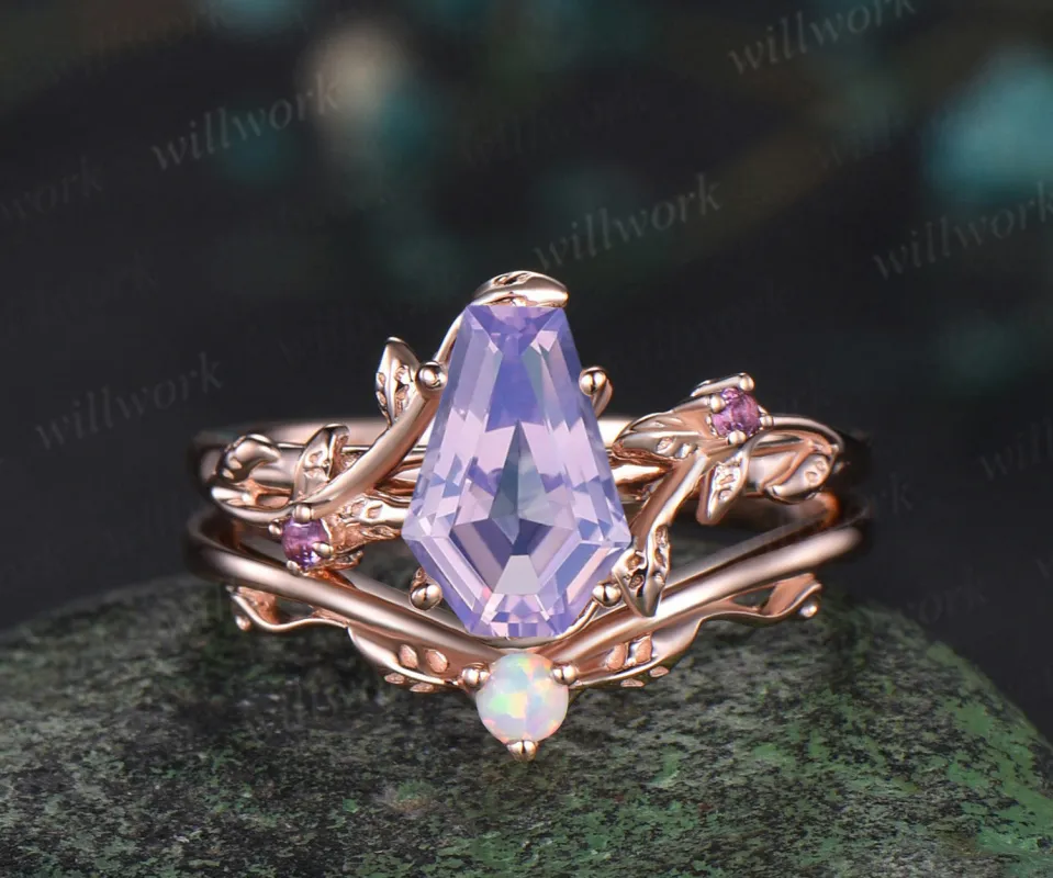 Coffin cut lavender amethyst engagement ring set kite shape amethyst nature inspired ring vines opal band unique bridal set sold by Willwork Jewelry