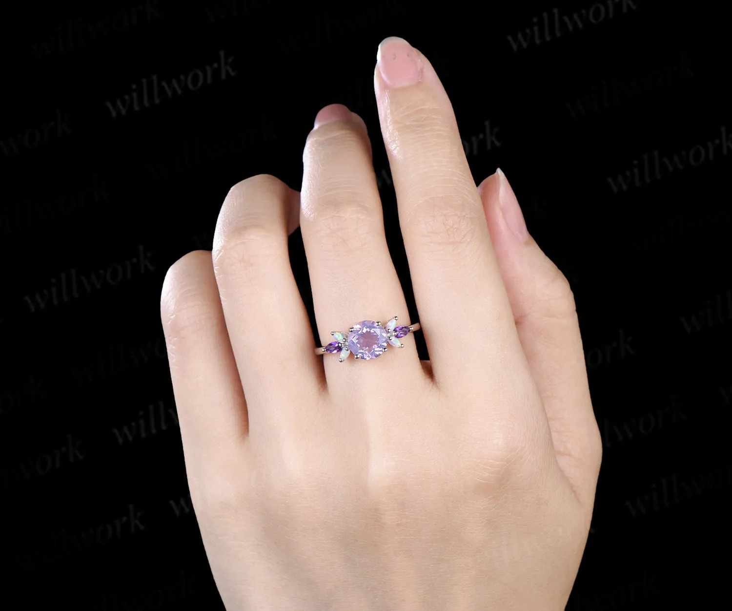 Round lavender amethyst engagement ring opal amethyst cluster ring unique white gold 7 stones ring for women bridal gifts sold by Willwork Jewelry product image thumbnail 5