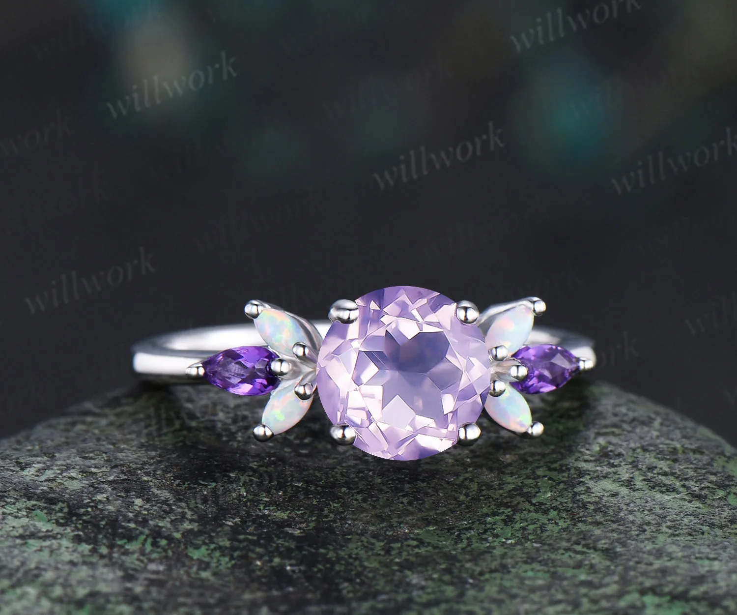 Round lavender amethyst engagement ring opal amethyst cluster ring unique white gold 7 stones ring for women bridal gifts sold by Willwork Jewelry product image thumbnail 3