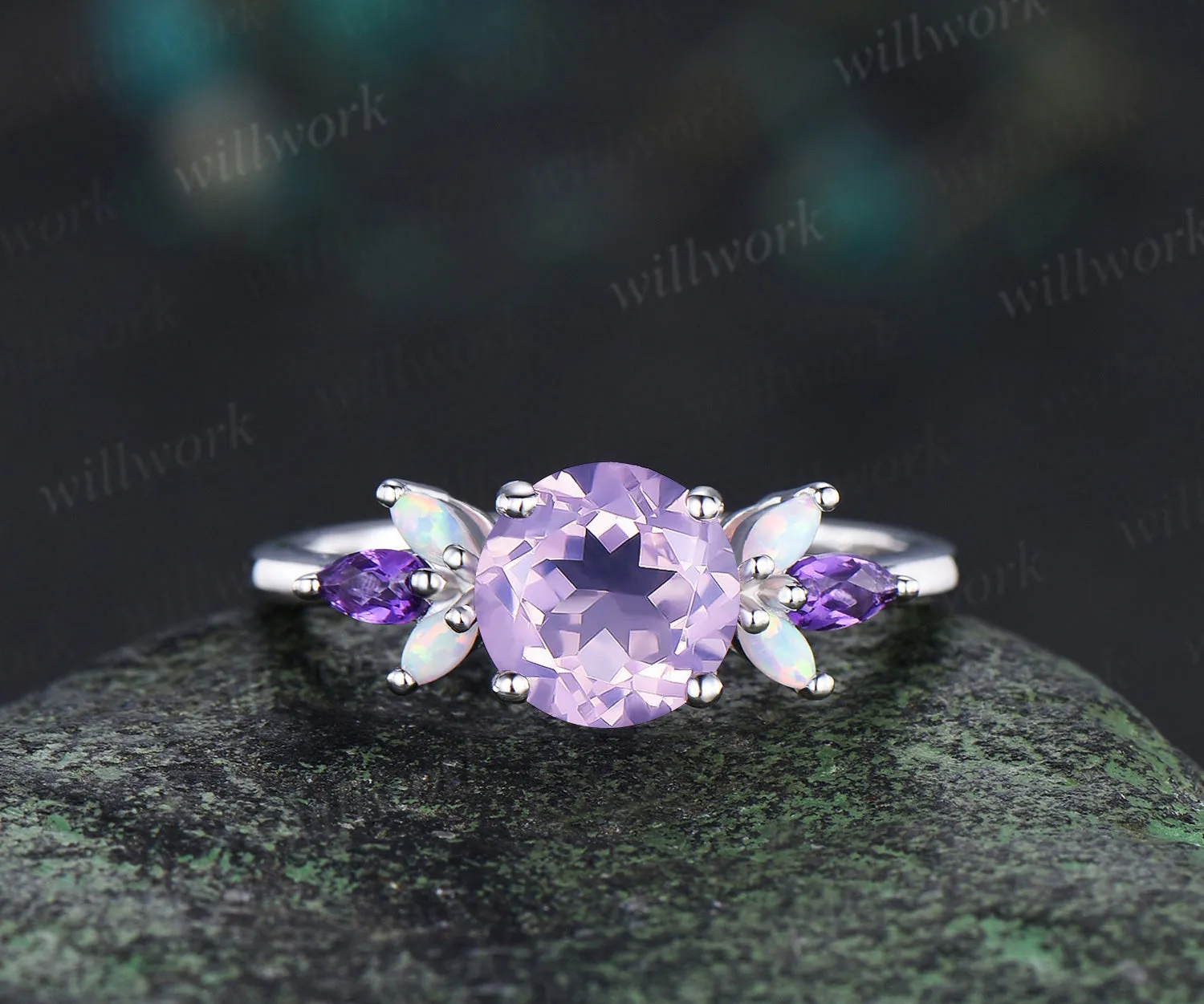 Round lavender amethyst engagement ring opal amethyst cluster ring unique white gold 7 stones ring for women bridal gifts sold by Willwork Jewelry