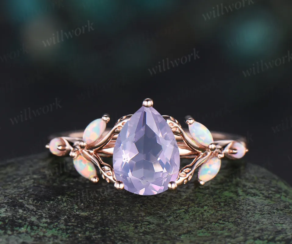 Pear cut lavender amethyst engagement ring 14k rose gold leaf marquise opal ring unique spilt shank bridal ring jewelry gifts sold by Willwork Jewelry