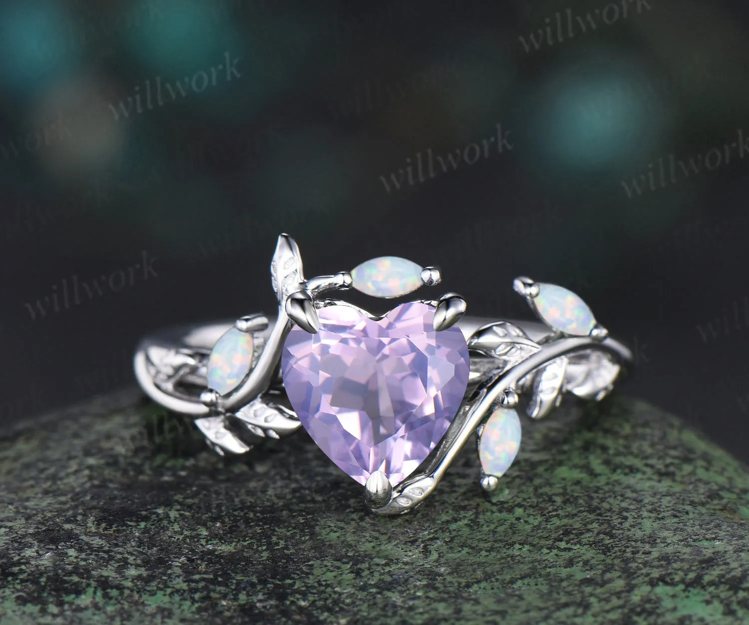 Vintage heart Lavender amethyst engagement ring white gold leaf branch opal nature inspired ring anniversary birthday gifts sold by Willwork Jewelry