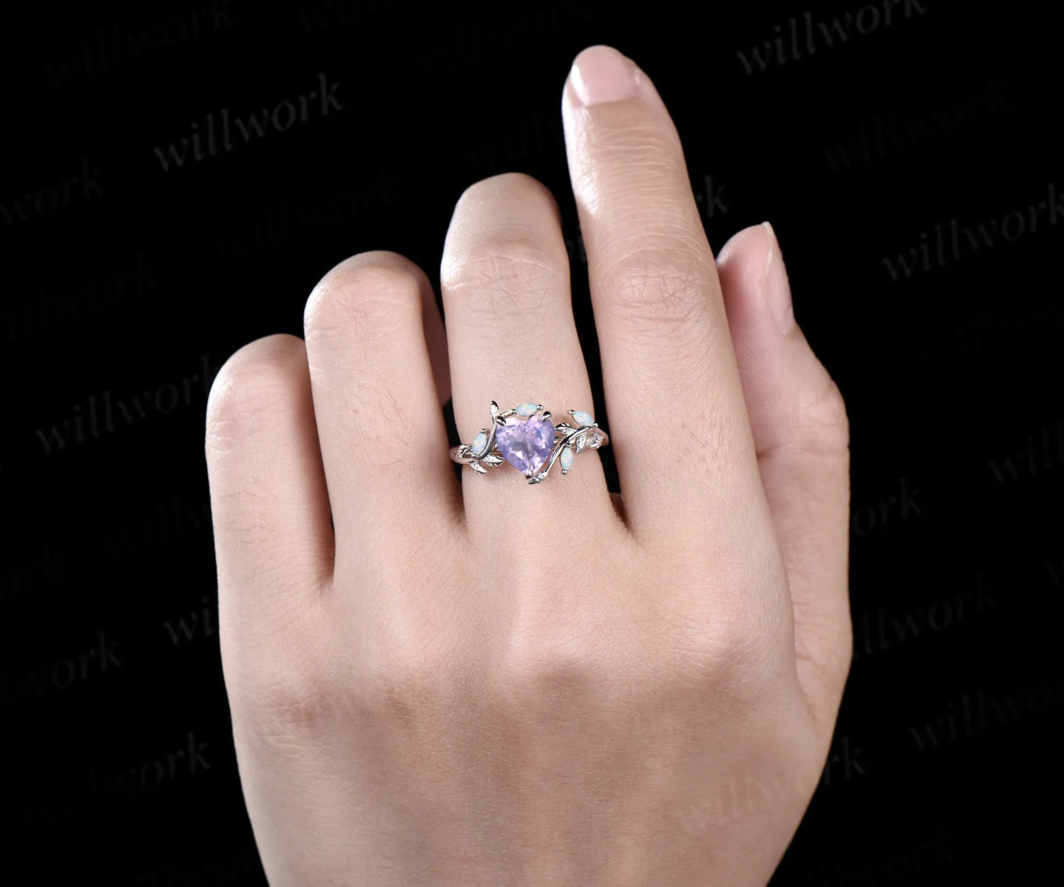 Vintage heart Lavender amethyst engagement ring white gold leaf branch opal nature inspired ring anniversary birthday gifts sold by Willwork Jewelry product image thumbnail 2