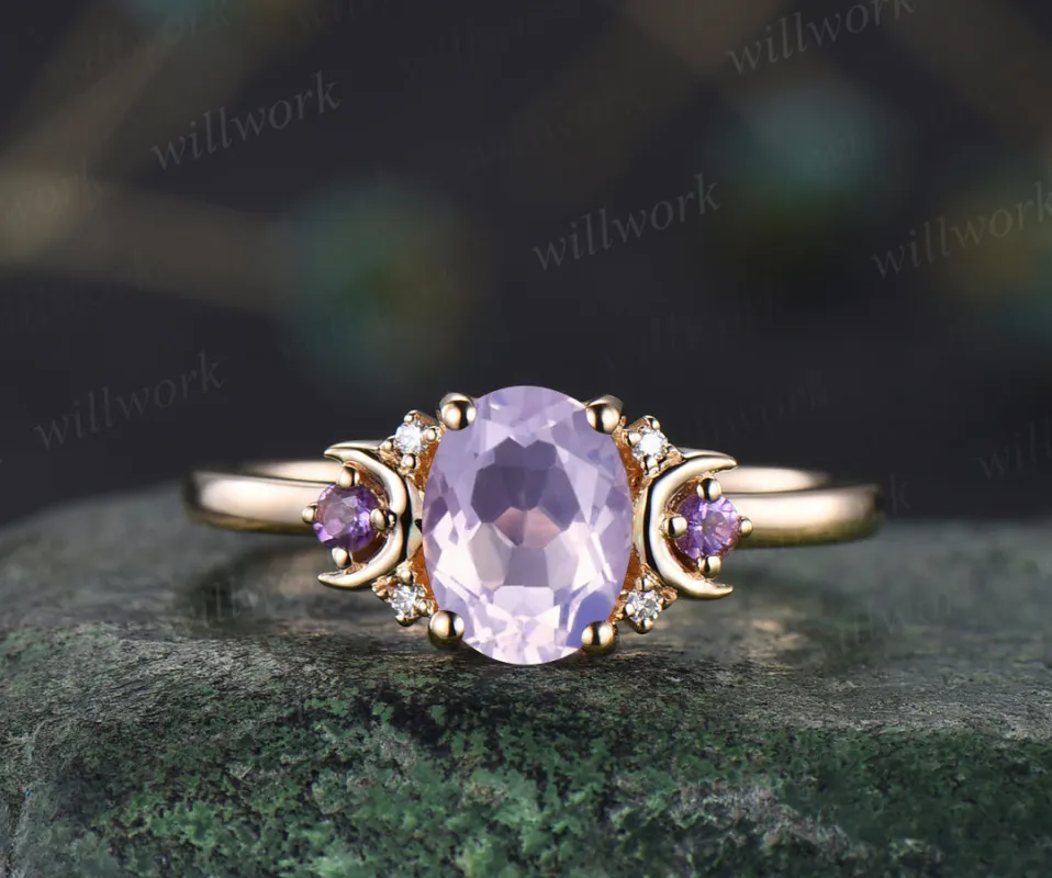 Oval lavender amethyst engagement ring retro moon amethyst moissanite deco ring 14k yellow gold unique crescent promise ring gifts for her sold by Willwork Jewelry
