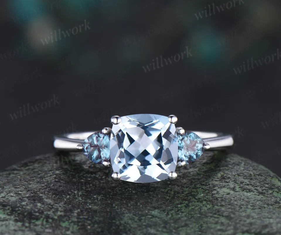 Cushion cut natural aquamarine engagement ring solid white gold trilliant cut alexandrite ring minimalist three stone promise ring for women made by Willwork Jewelry