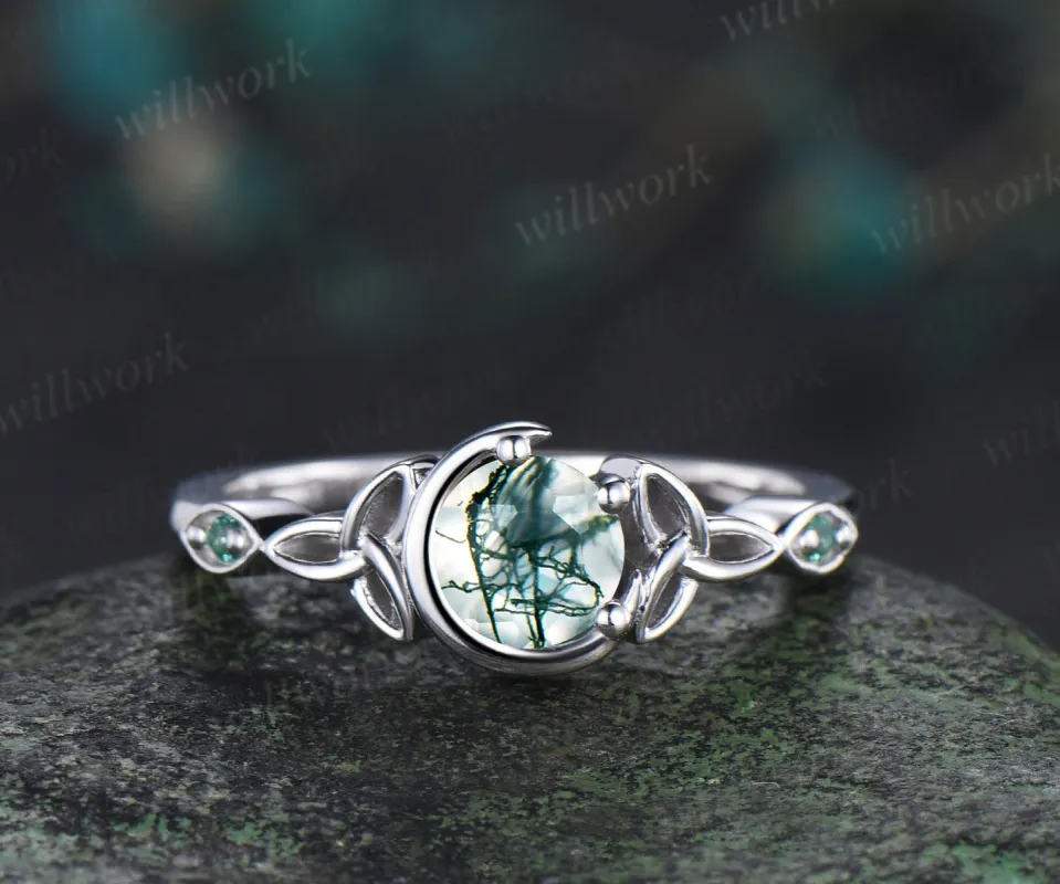 Round cut moss agate ring unique moon Celtic knot three stone ring art deco emerald ring gifts for women made by Willwork Jewelry