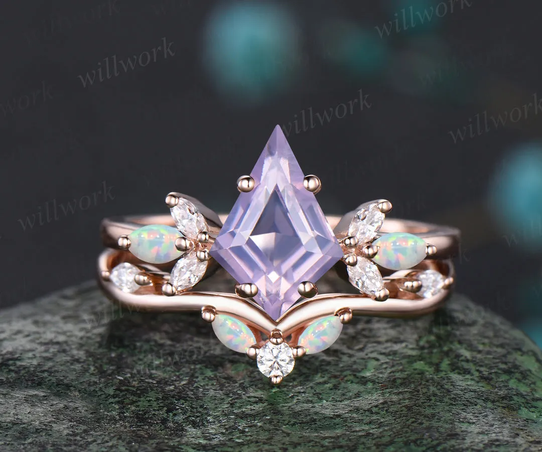 Kite cut Lavender amethyst ring set vintage opal moissanite cluster engagement ring curved matching band bridal set gifts sold by Willwork Jewelry product image thumbnail 4
