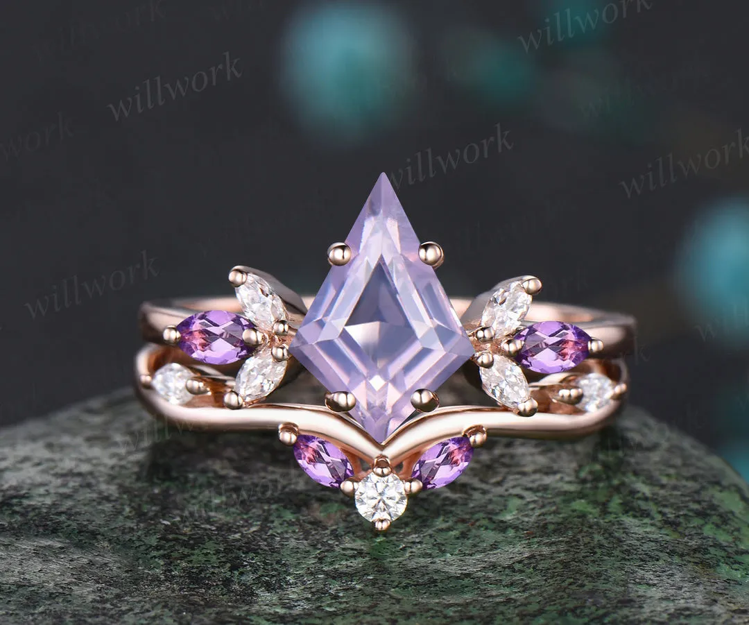 Kite cut Lavender amethyst ring set vintage opal moissanite cluster engagement ring curved matching band bridal set gifts sold by Willwork Jewelry